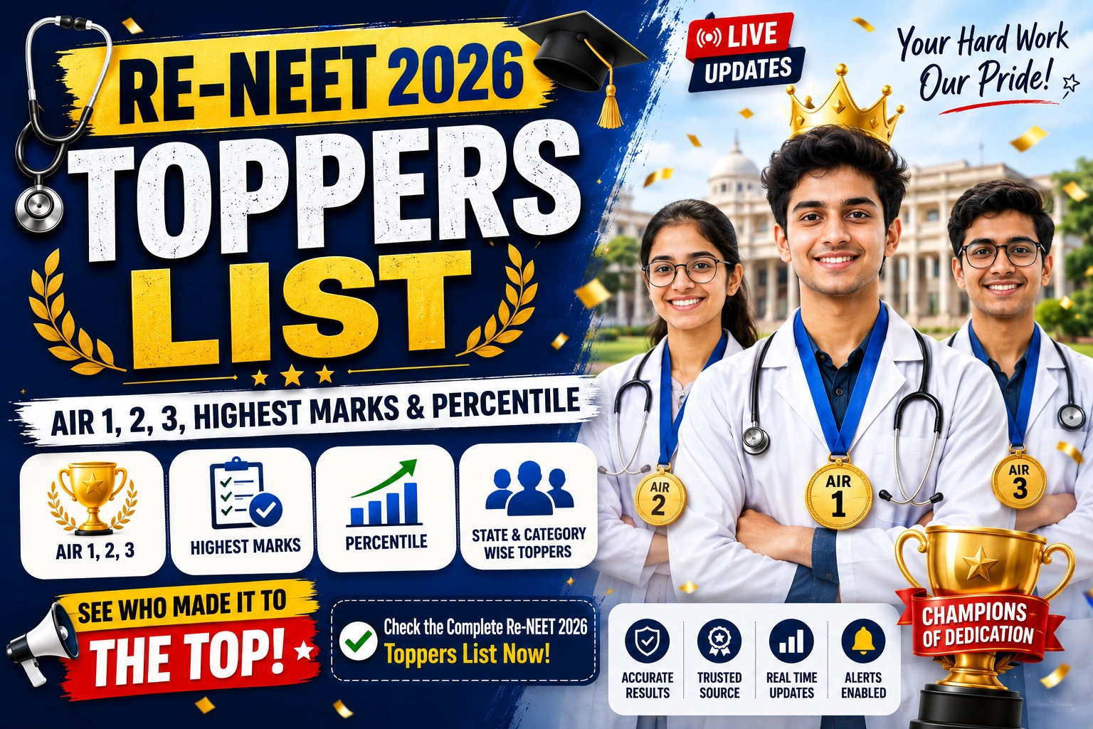 Re-NEET 2026 Toppers List: AIR 1, 2, 3, Highest Marks, & Percentile